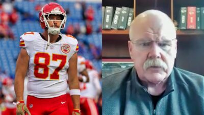 Travis Kelce in uniform and Andy Reid during interview