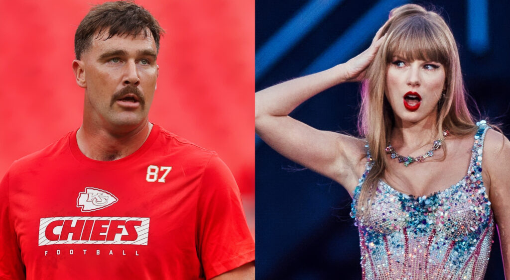 Photo of Travis Kelce in Chiefs gear and photo of Taylor Swift performing