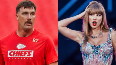 Photo of Travis Kelce in Chiefs gear and photo of Taylor Swift performing