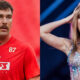 Photo of Travis Kelce in Chiefs gear and photo of Taylor Swift performing