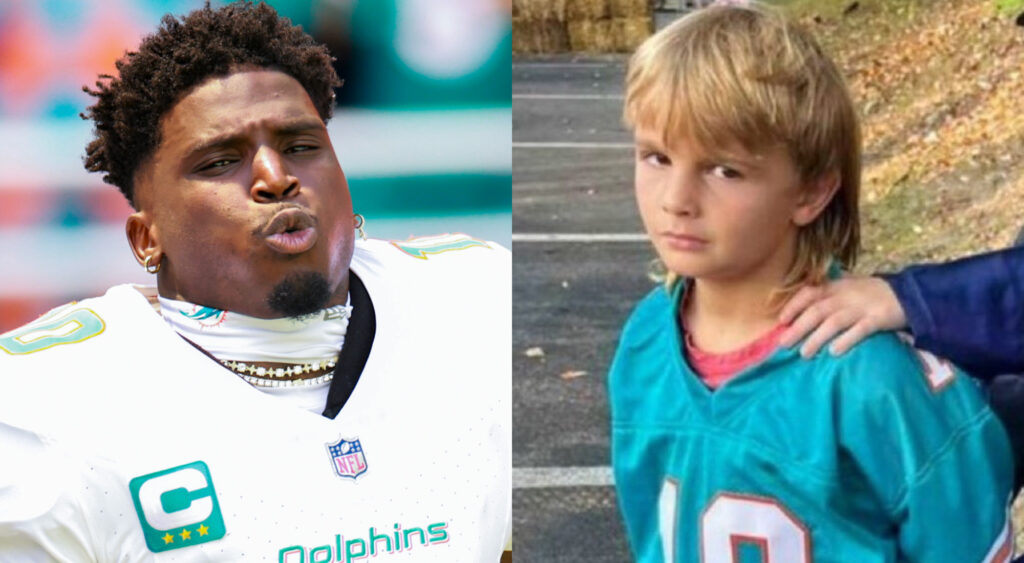 Photo of Tyreek Hill in Dolphins uniform and photo of kid in Tyreek Hill jersey