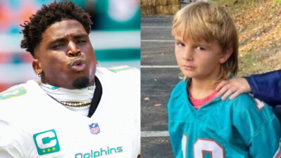 Photo of Tyreek Hill in Dolphins uniform and photo of kid in Tyreek Hill jersey