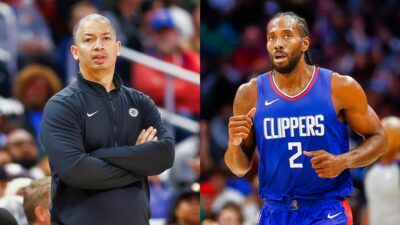 Head Coach Tyronn Lue and Kawhi Leonard of the Los Angeles Clippers