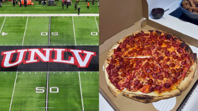 Photo of UNLV Rebels logo & photo of pizza and wings