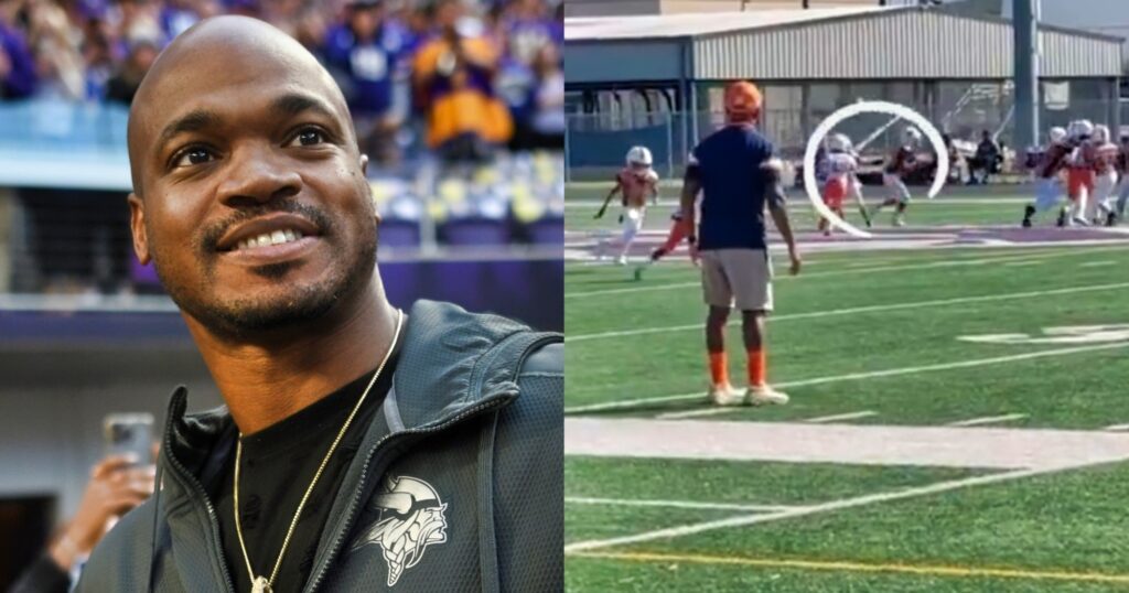 Adrian Peterson looking on (left). Axyl Peterson running with football (right).