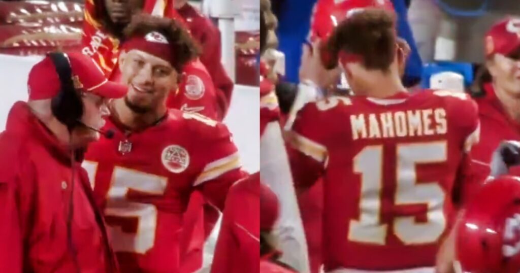 Andy Reid speaking to Patrick Mahomes (left). Mahomes reacts on sidelines (right).