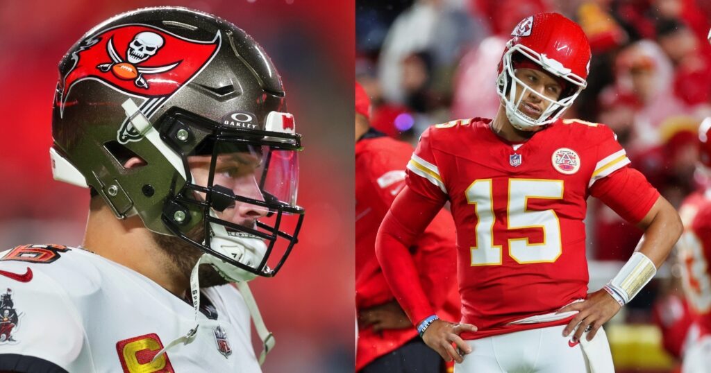 Baker Mayfield and Patrick Mahomes both look on before Tampa Bay Buccaneers vs. Kansas Cit Chiefs.