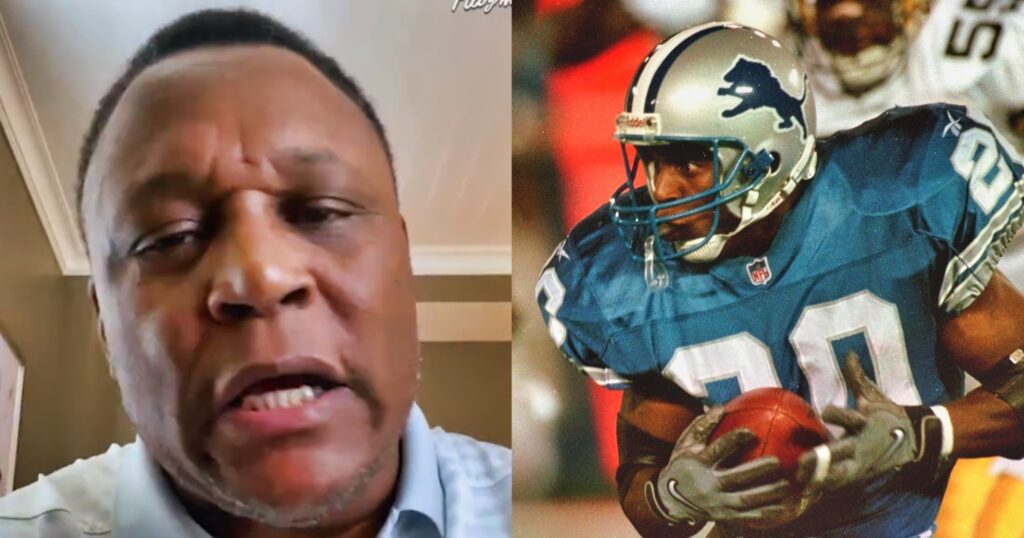 Barry Sanders speaking on show (left). Sanders running with football (right).