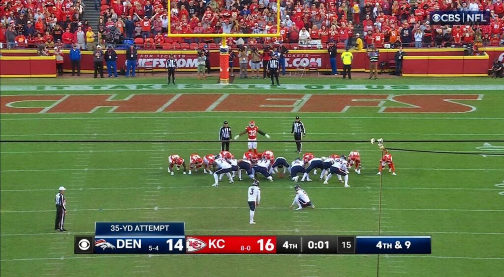 Denver Broncos lining up for kick vs. Kansas City Chiefs.