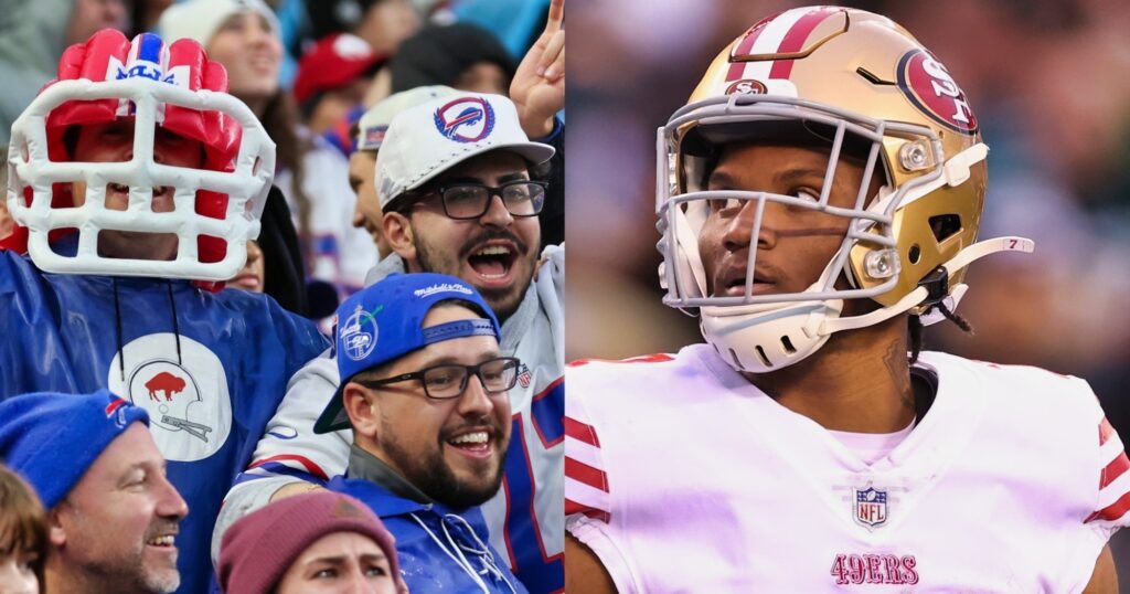 Buffalo Bills fans and Charvarius Ward looking on.