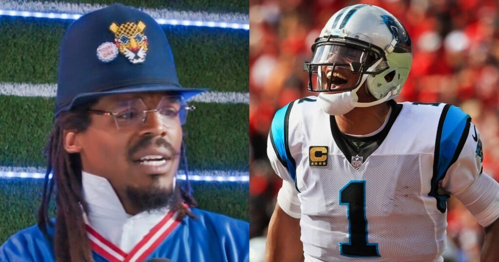 Cam Newton speaking on his show (left). Newton reacts during game (right).