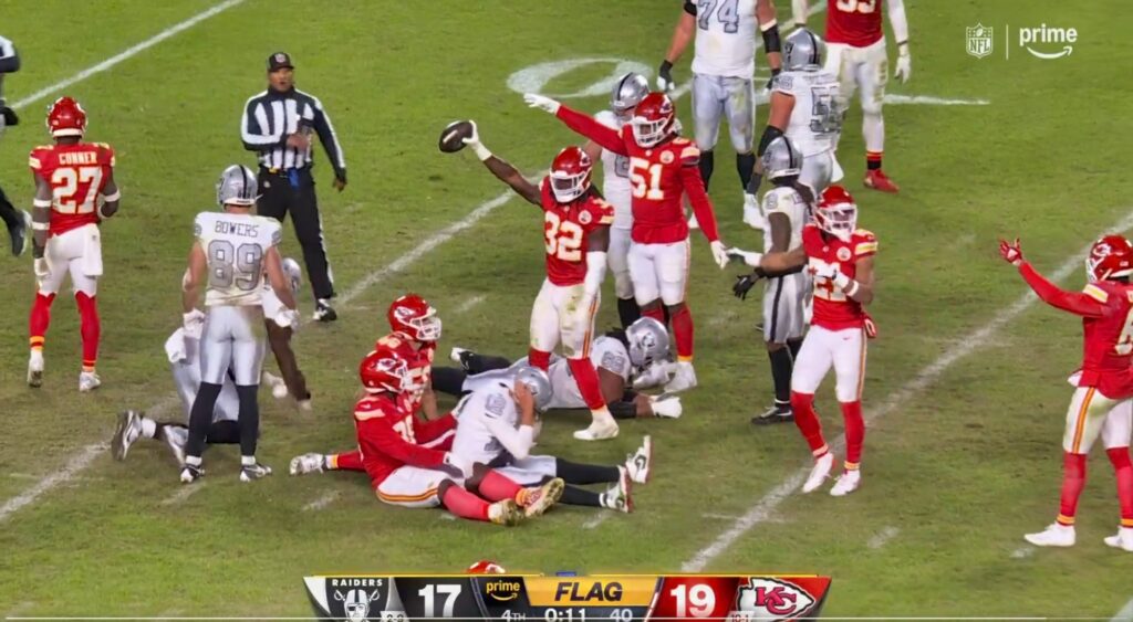 Kansas City Chiefs celebrating a play vs. Las Vegas Raiders.