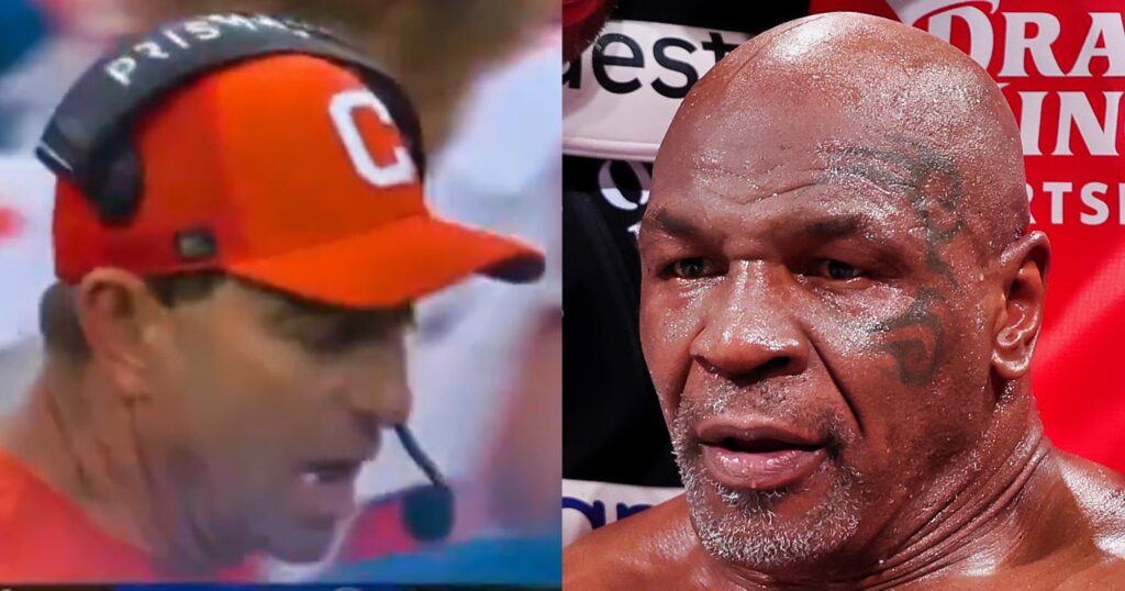 Dabo Swinney reacts during game (left). Mike Tyson looking on (right).