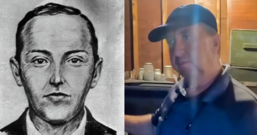 DB Cooper sketch (left). Dan Gryder presenting evidene (right).