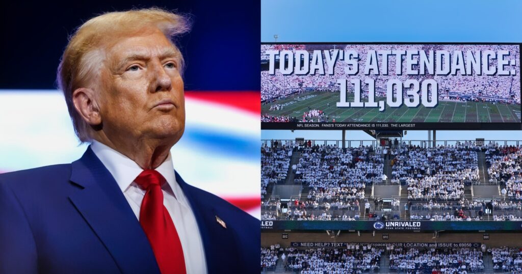 Donald Trump lookin on (left). Penn State Nittany Lions stadium video board (right).