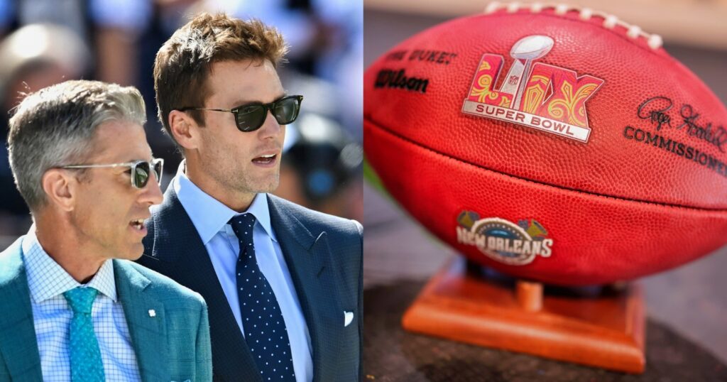 Kevin Burkhardt and Tom Brady look on (left). Super Bowl 59 football shown (right(.