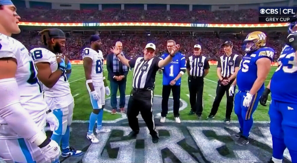 Grey Cup coin toss between Toronto Argonauts and Winnipeg Blue Bombers.