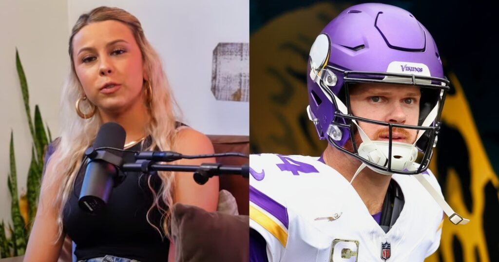 Hawk Tuah girl Hailey Welch speaking on her show (left). Sam Darnold looking on (right).