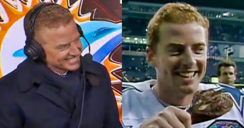 Jason Garrett in broadcast booth (left). Garrett eating turkey leg (right).