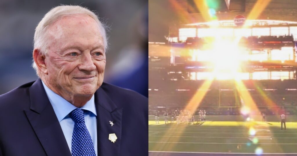 Jerry Jones looking on (left). Sun going through glass of AT&T Stadium (right).