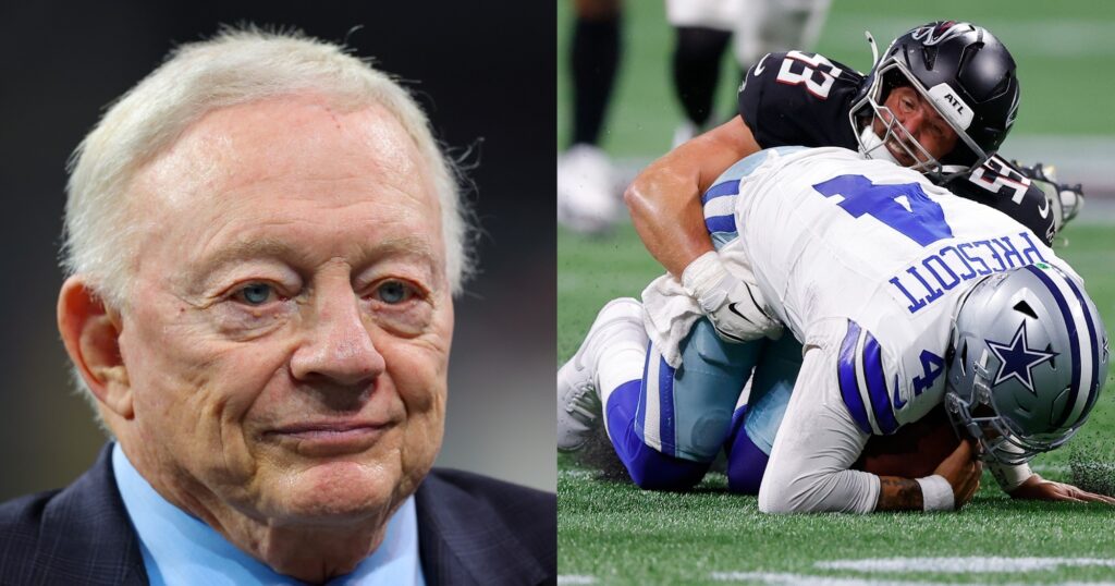 Jerry Jones looking on (left). Dak Prescott taking a sack (right).