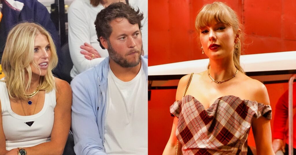 Kelly Stafford with Matthew Stafford (left). Taylor Swift looking on (right).