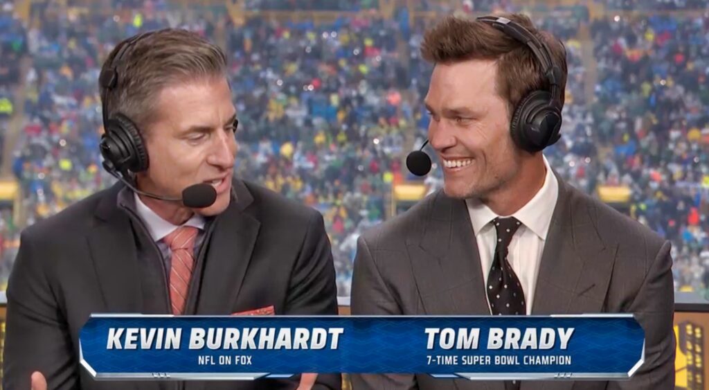 Kevin Burkhardt and Tom Brady in the broadcast booth.