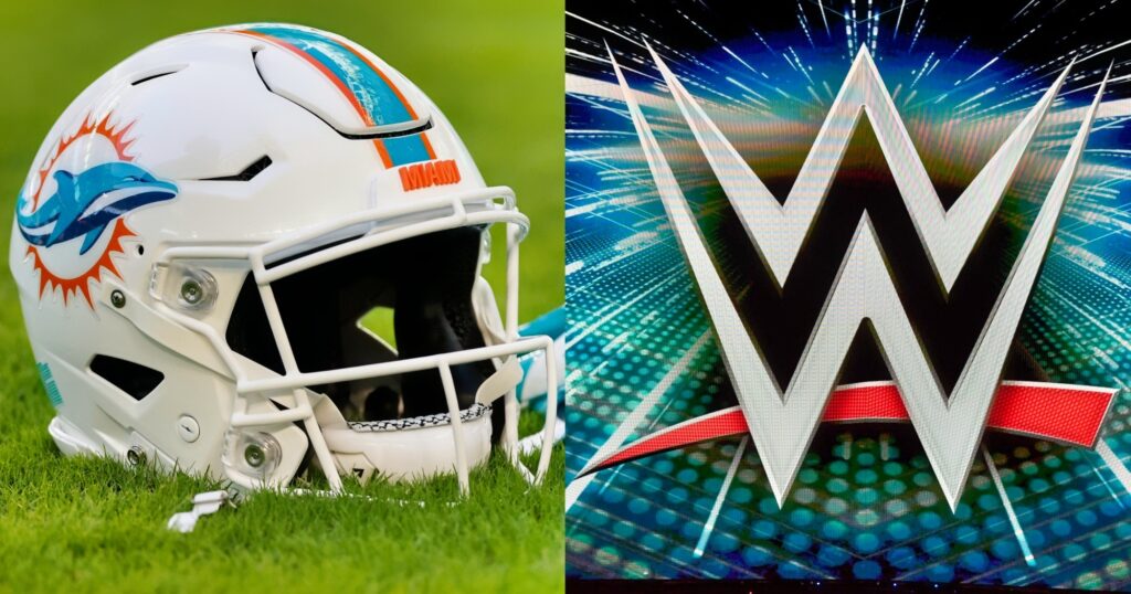 Miami Dolphins helmet shown on field (left). WWE logo shown on board (right).