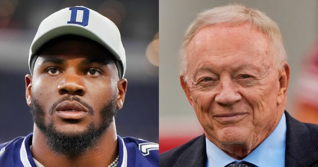 Micah Parsons of Dallas Cowboys looking on (left). Jerry Jones looking on (right).