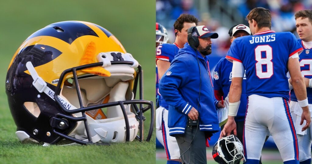 Michigan Wolverines helmet (left). Brian Daboll and Daniel Jones of New York Giants talking (right).