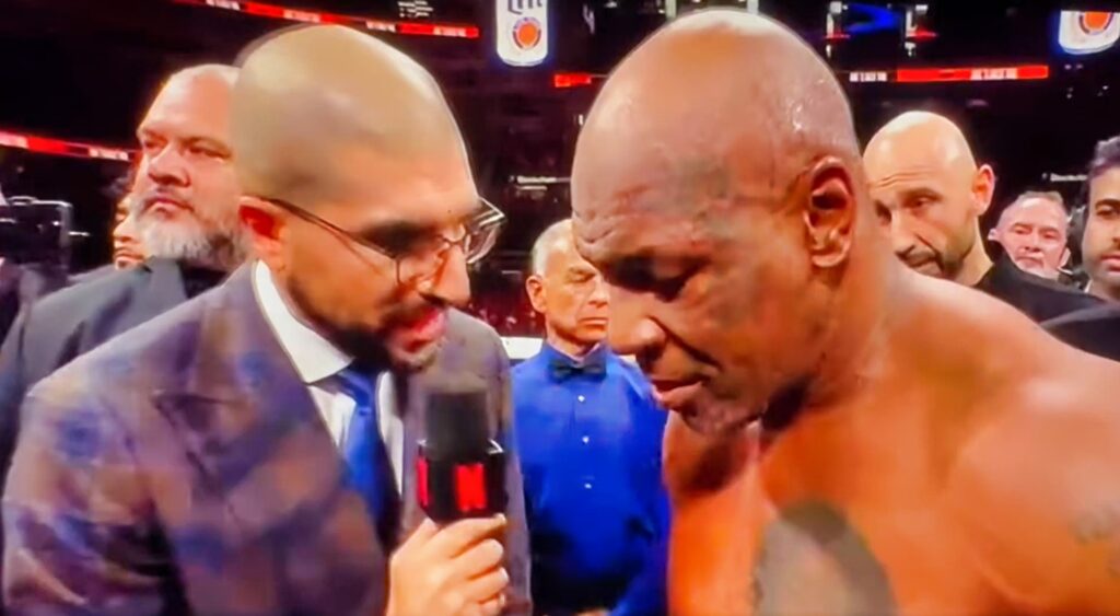 Mike Tyson being interviewed after boxing match.