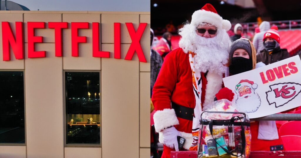 Netflix logo (left) and Kansas City Chiefs fans (right). Netflix is streaming the two NFL Christmas games this year.