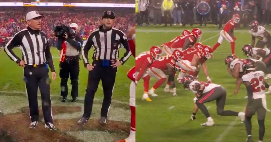 NFL refs lspeaking (left). Kansas City Chiefs running a play vs. Tampa Bay Buccaneers (right).