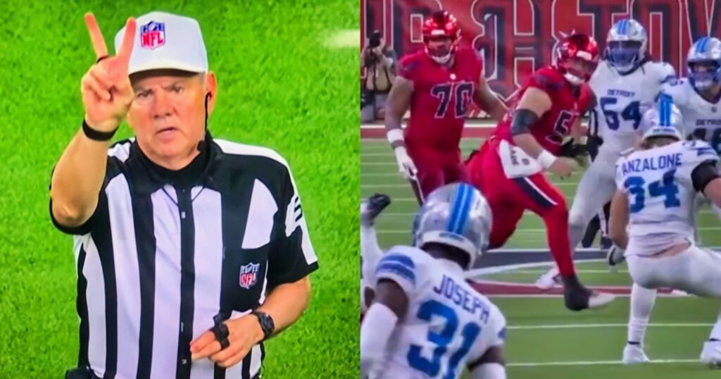 Bill Vinovich making a call (left). Houston Texans vs. Detroit Lions (right). The NFL refs are under fire for another bad call.