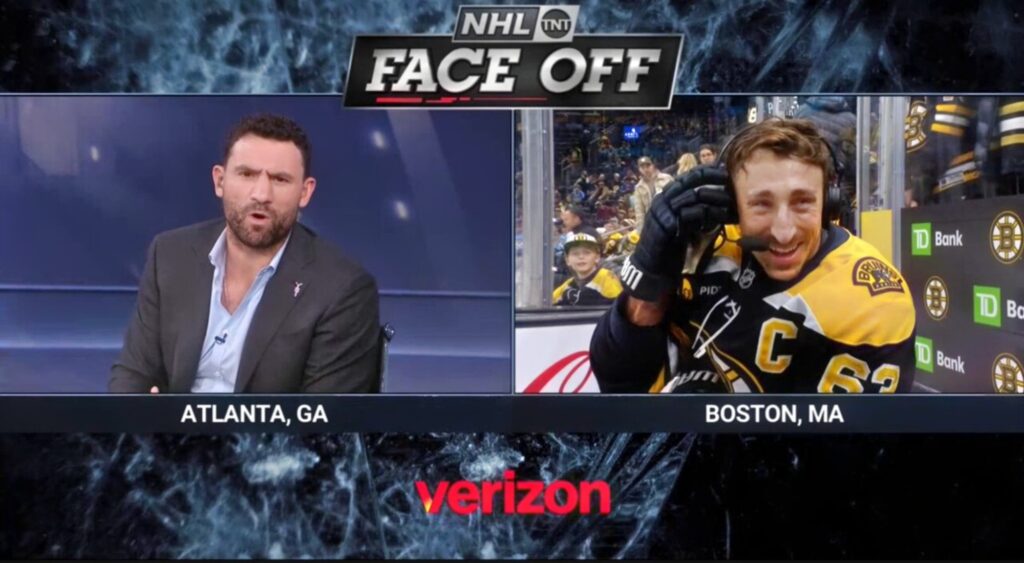 Paul Bissonnette and Brad Marchand speaking on television.