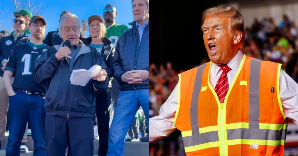 Robert De Niro speaking outside of stadium (left). Donald Trump reacts at event (right).