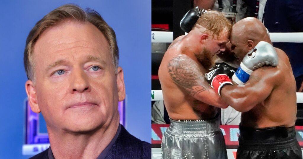 Roger Goodell looking on (left). Jake Paul embracing Mike Tyson (right). Netflix is streaming NFL Christmas games.