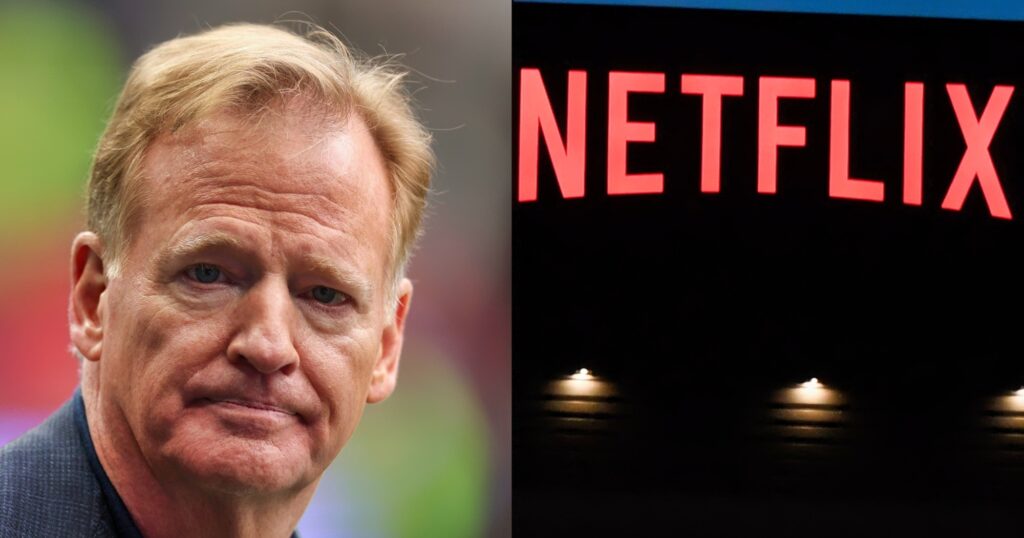 Roger Goodell looking on (left). Netflix logo shown on building (right). The streaming giant will air two NFL Christmas games.