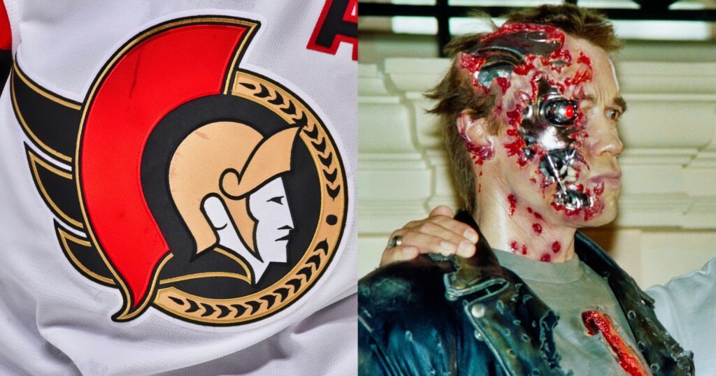 Ottawa Senators logo that Tim Stützle wears (left). Arnold Schwarzenegger "The Terminator" prop.