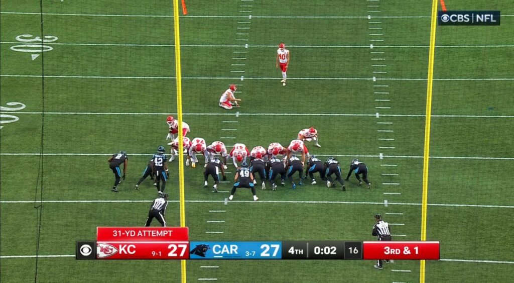 Spencer Shrader attempting kick in Kansas City Chiefs vs. Carolina Panthers game.