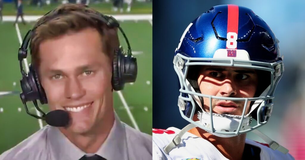 Tom Brady speaking on TV (left). Daniel Jones looking on (right).