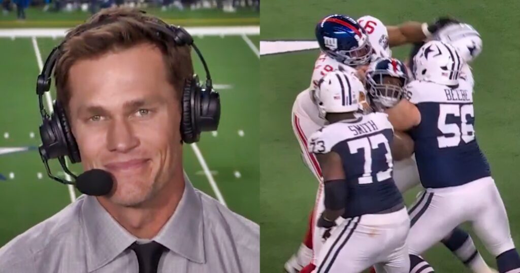 Tom Brady looking on in broadcast booth (left). Dallas Cowboys vs. New York Giants (right).