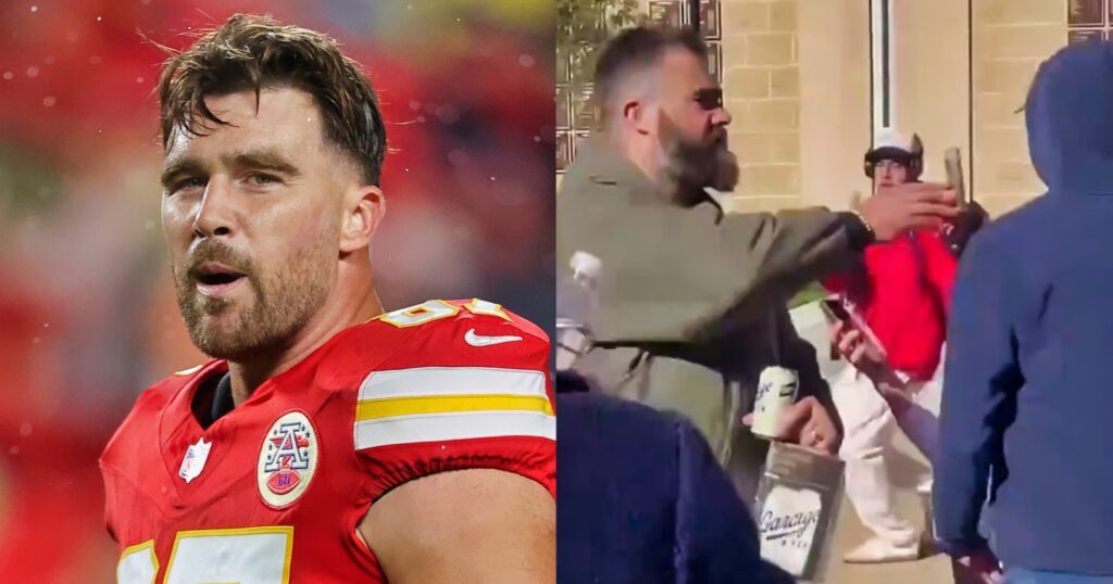 Travis Kelce looking on (left). Jason Kelce confronting fan (right).