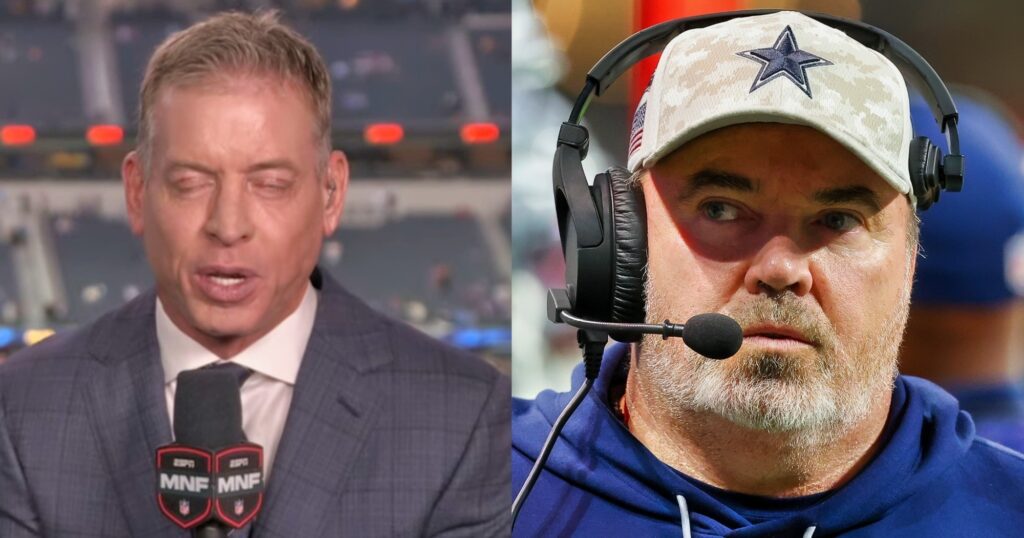 Troy Aikman speaking on television (left). Mike McCarthy looking on (right).