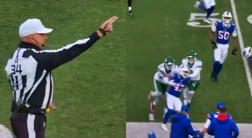 Photo of NFL ref announcing penalty and photo of Aaron Rodgers committing foul