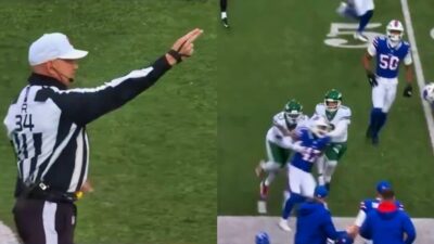 Photo of NFL ref announcing penalty and photo of Aaron Rodgers committing foul