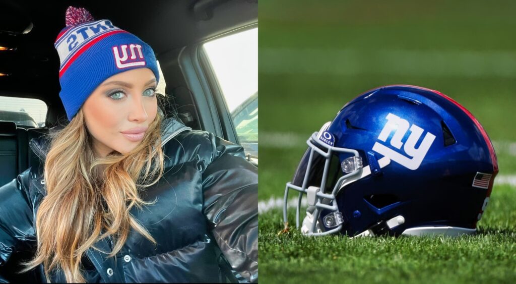 Ava Louise posing in Giants beanie and New York Giants helmet helmet on ground