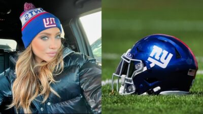 Ava Louise posing in Giants beanie and New York Giants helmet helmet on ground