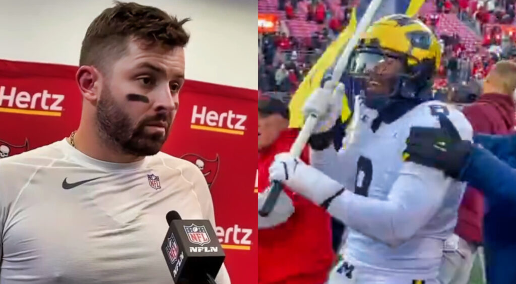 Photo of Baker Mayfield speaking to reporters and photo of Michigan player holding flag