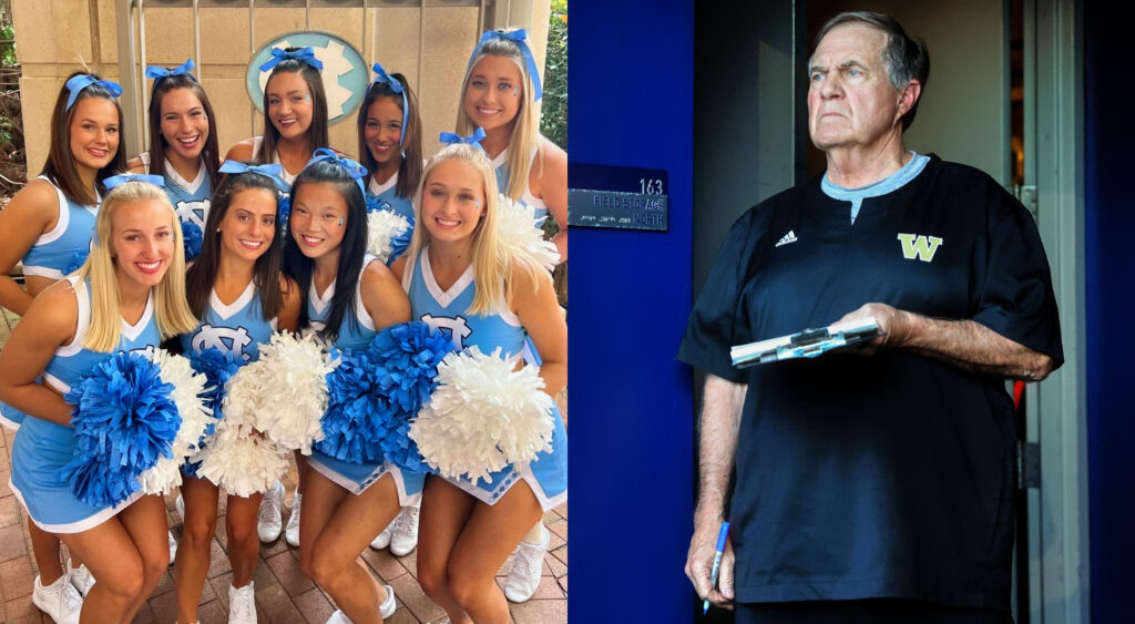 Photo of Cayden Rose with cheerleading squad and photo od Bill Belichick holding notepad